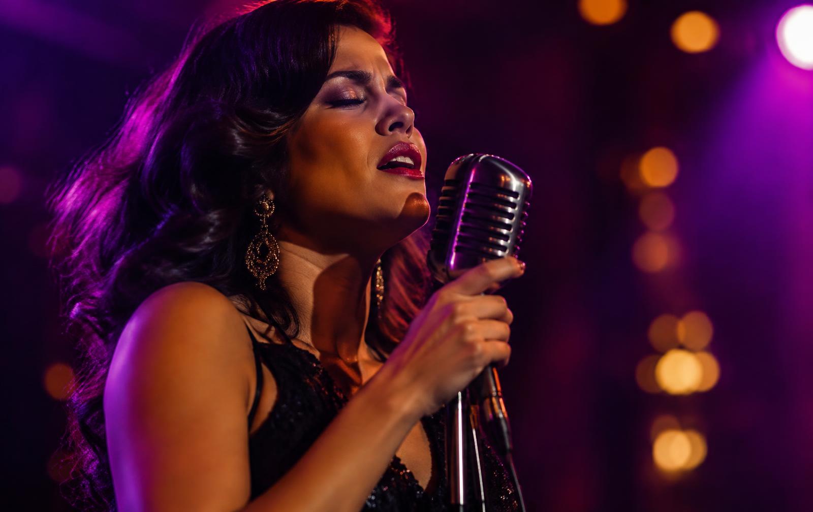 Cantante interpretando una canción con emoción